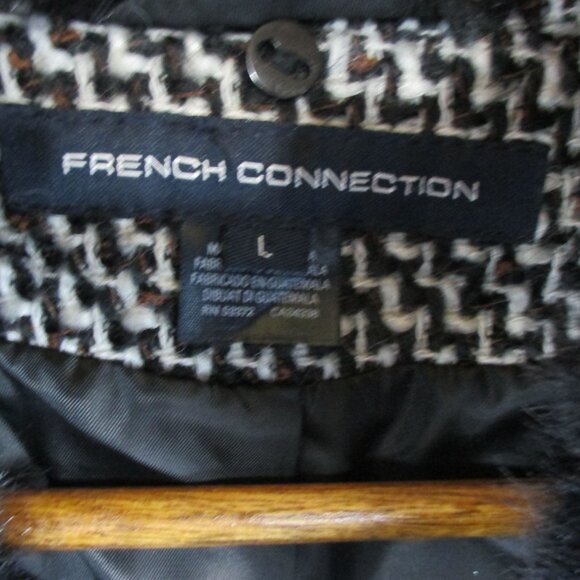 French Connection Coat Houndstooth Tweed Removable Faux Fur Collar Size L Luxury - Picture 7 of 8